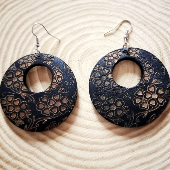 Boho Festival Carved Wood Round Dangle Earrings - Picture 3 of 9